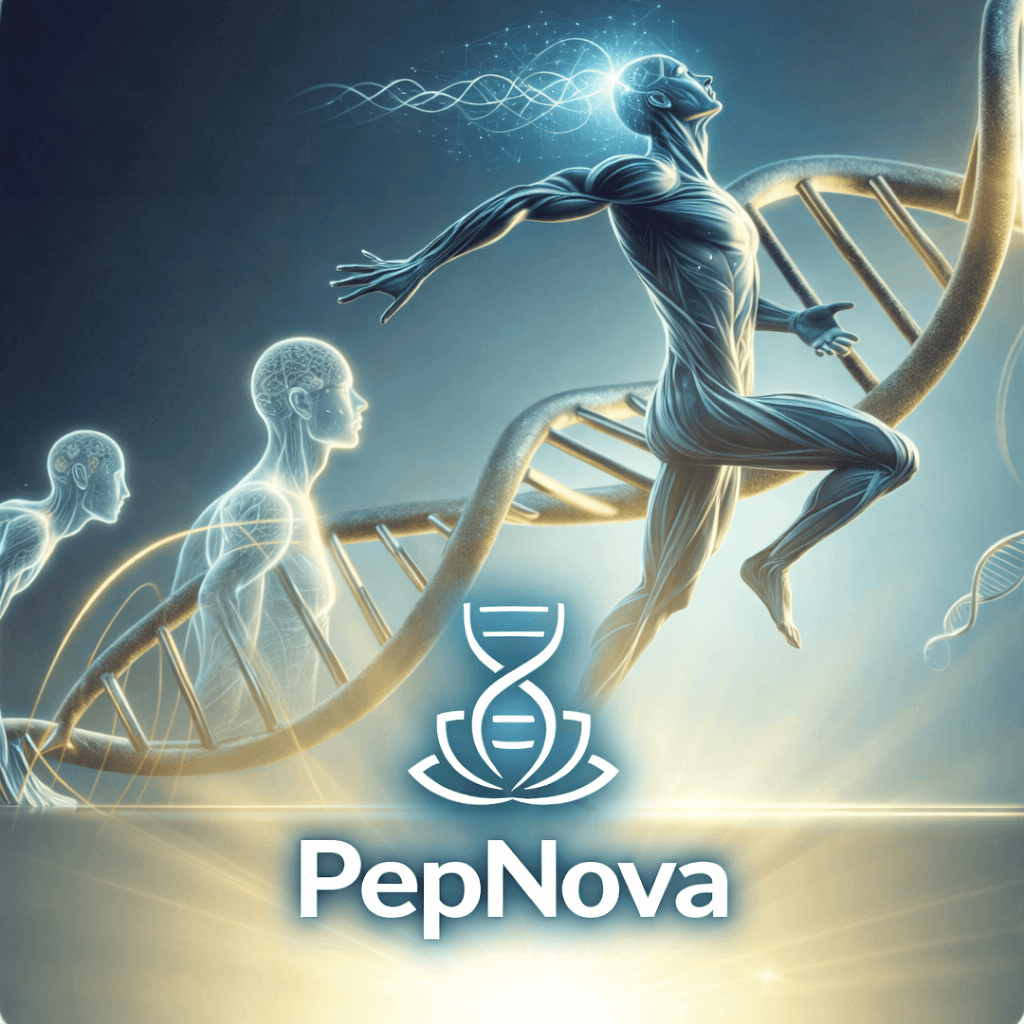 PepNova brand artwork — a figure in motion emerging from a DNA helix